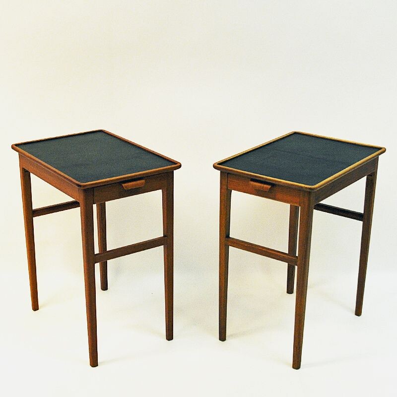 Pair of Birch side tables with leather tops by Bodafors, Sweden 1950s