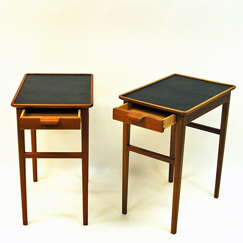 Pair of Birch side tables with leather tops by Bodafors, Sweden 1950s