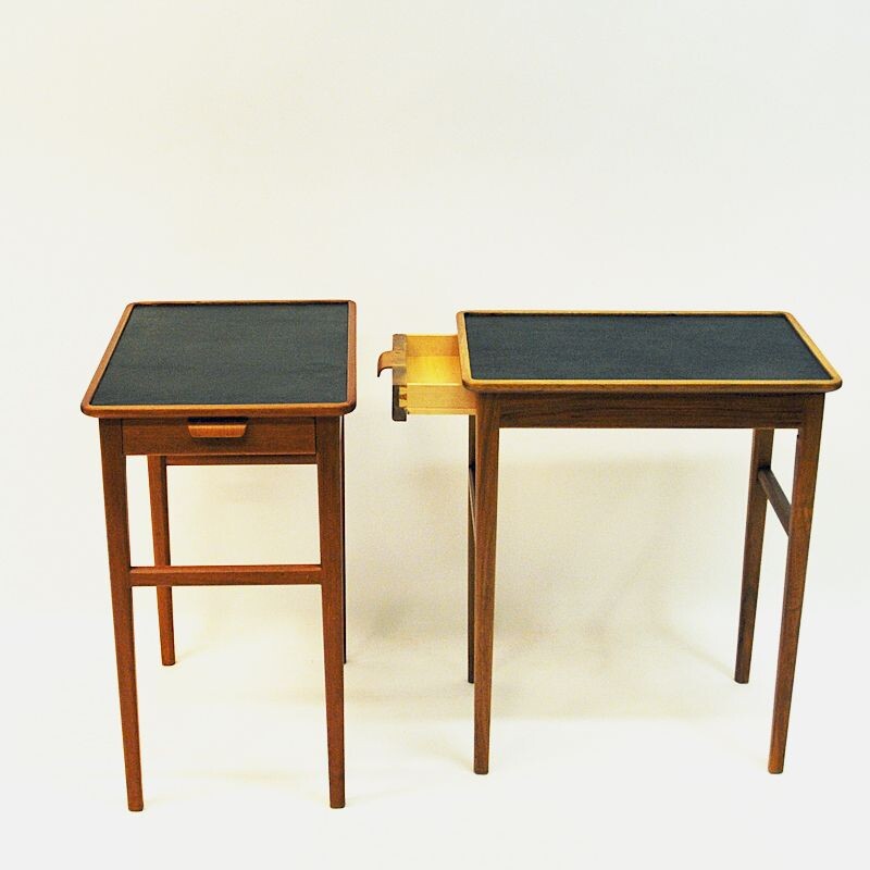 Pair of Birch side tables with leather tops by Bodafors, Sweden 1950s