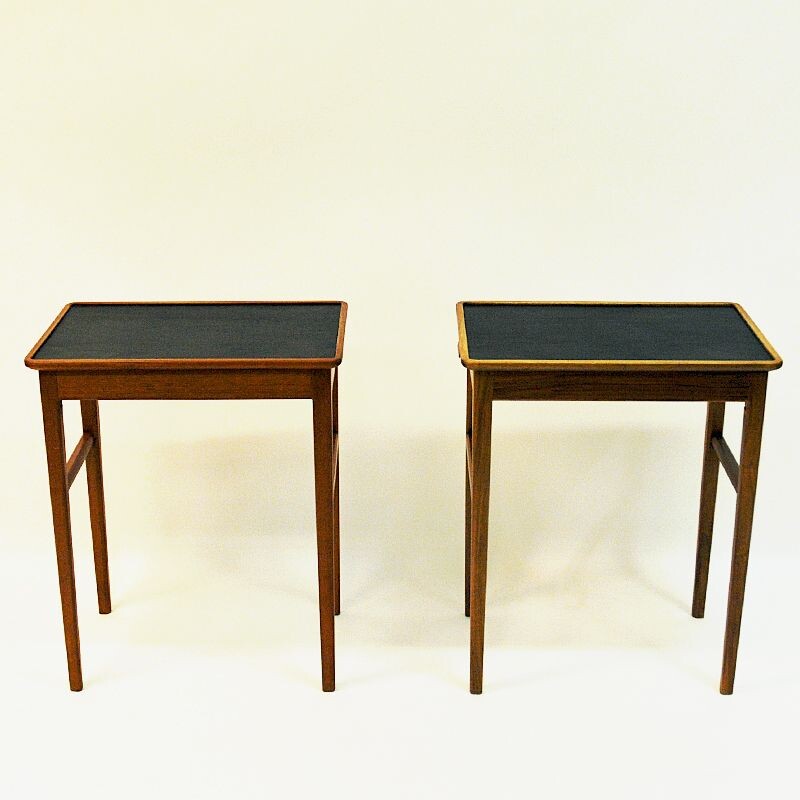 Pair of Birch side tables with leather tops by Bodafors, Sweden 1950s