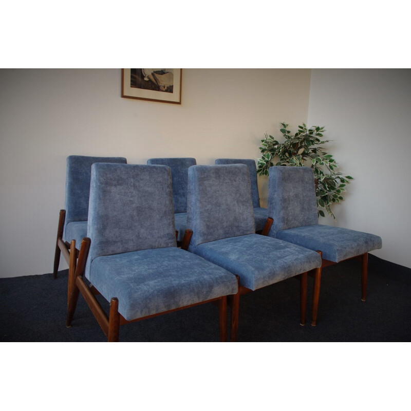 Set of 6 blue dining chairs, 1960s