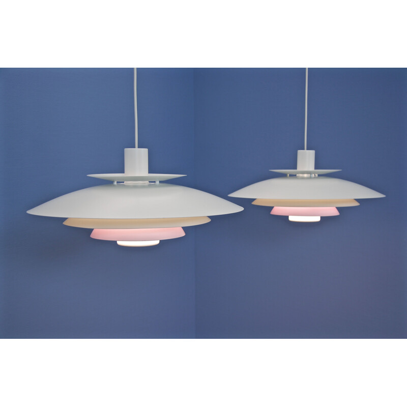 Set of 2 danish hanging lamps in white with pinklilac accent by Form Light, 1960s