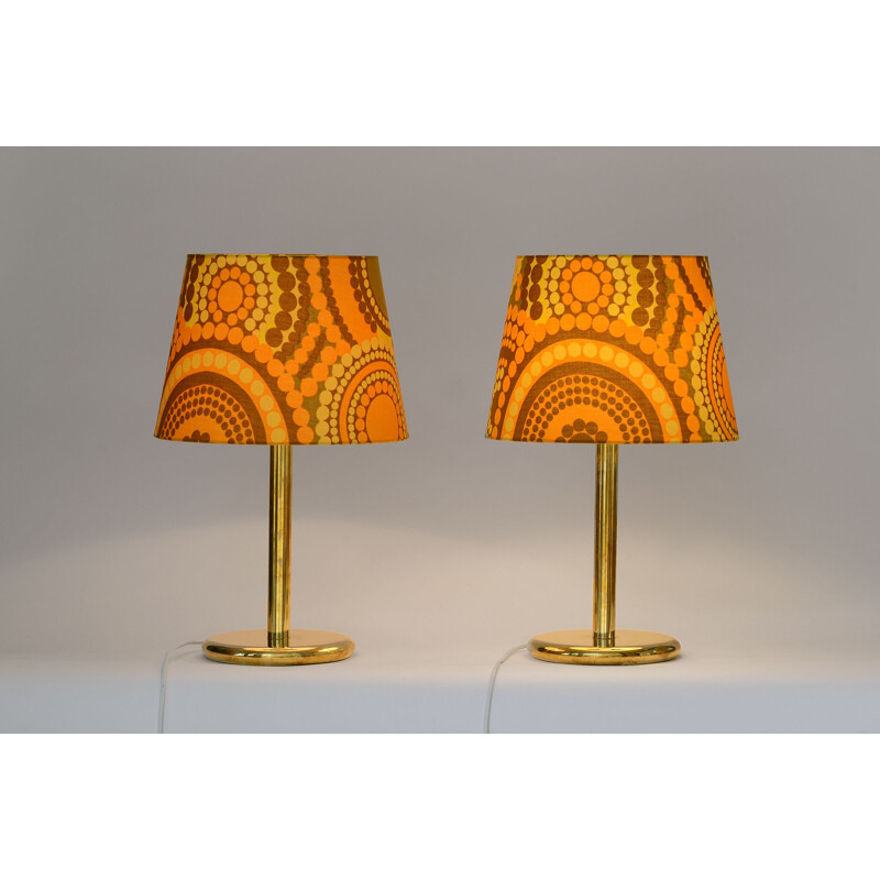 Brass table lamps from Ivars with new shades made from original 1960s fabric by Mona Björk. Sweden 1960s.