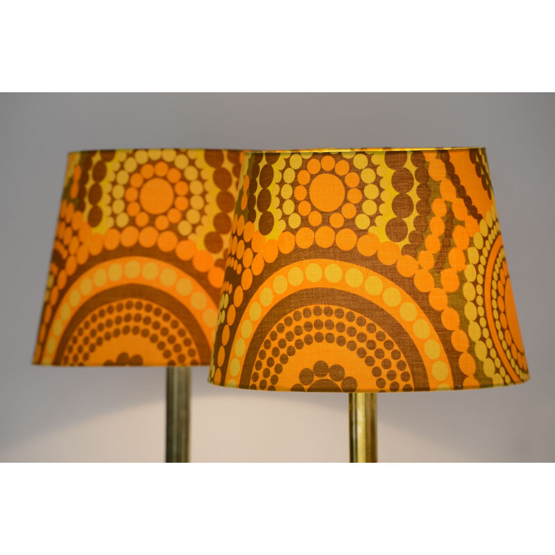 Brass table lamps from Ivars with new shades made from original 1960s fabric by Mona Björk. Sweden 1960s.