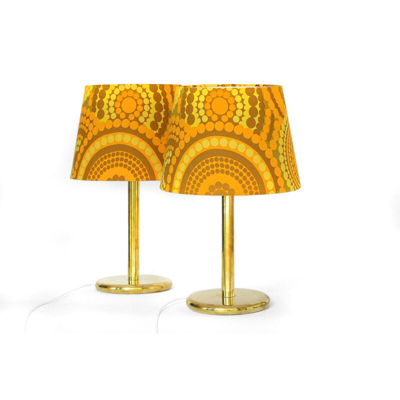 Brass table lamps from Ivars with new shades made from original 1960s fabric by Mona Björk. Sweden 1960s.