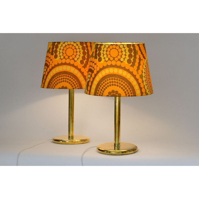 Brass table lamps from Ivars with new shades made from original 1960s fabric by Mona Björk. Sweden 1960s.