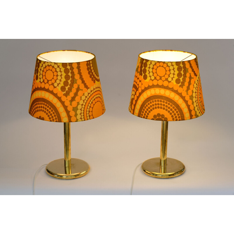 Brass table lamps from Ivars with new shades made from original 1960s fabric by Mona Björk. Sweden 1960s.