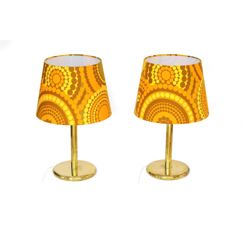 Brass table lamps from Ivars with new shades made from original 1960s fabric by Mona Björk. Sweden 1960s.