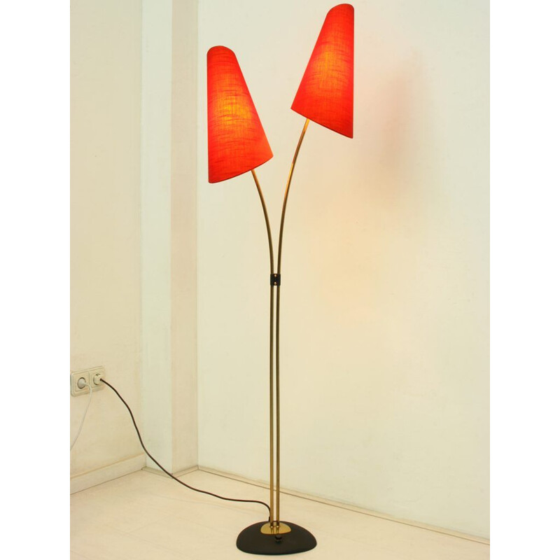Brass & Red Fabric Floor Lamp - 1950s