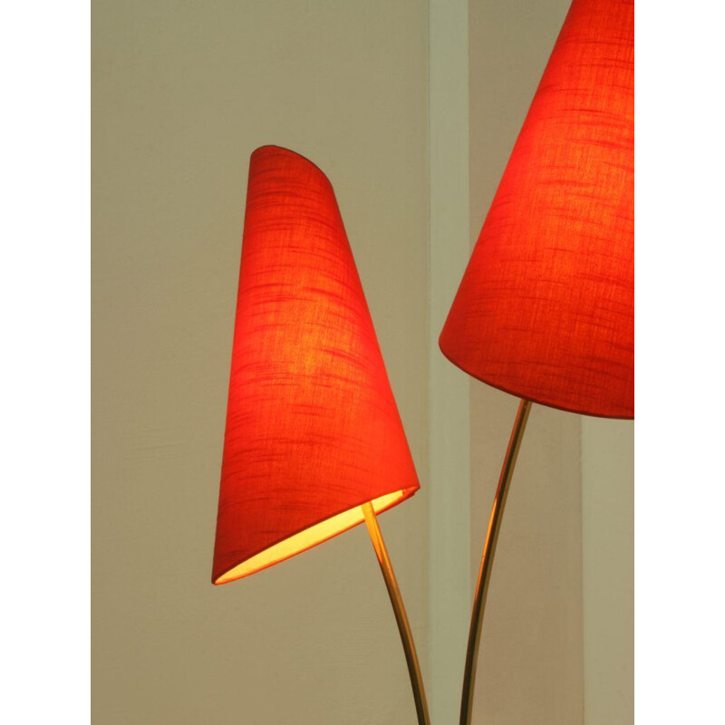 Brass & Red Fabric Floor Lamp - 1950s