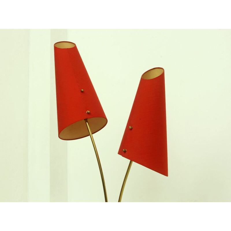 Brass & Red Fabric Floor Lamp - 1950s