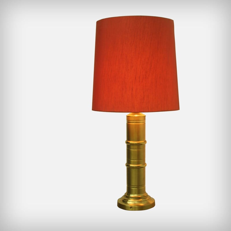 Huge Red Fabric & Brass Table Or Floor Lamp - 1960s