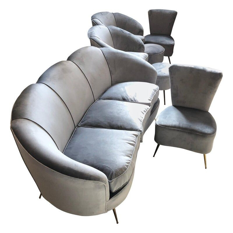 Mid-Century Modern Grey Velvet Sofa, Armchairs, Chairs and Poufs, circa 1950