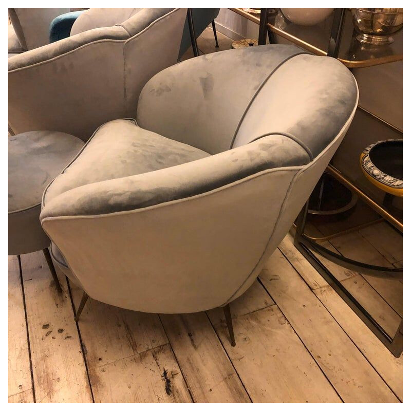 Mid-Century Modern Grey Velvet Sofa, Armchairs, Chairs and Poufs, circa 1950