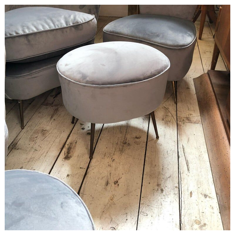 Mid-Century Modern Grey Velvet Sofa, Armchairs, Chairs and Poufs, circa 1950