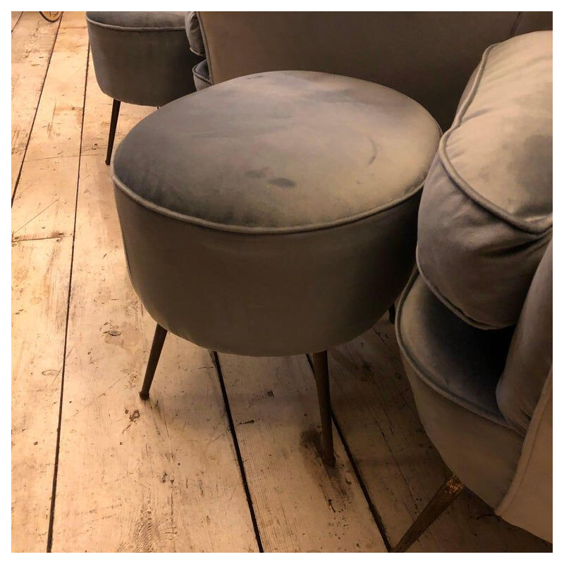 Mid-Century Modern Grey Velvet Sofa, Armchairs, Chairs and Poufs, circa 1950