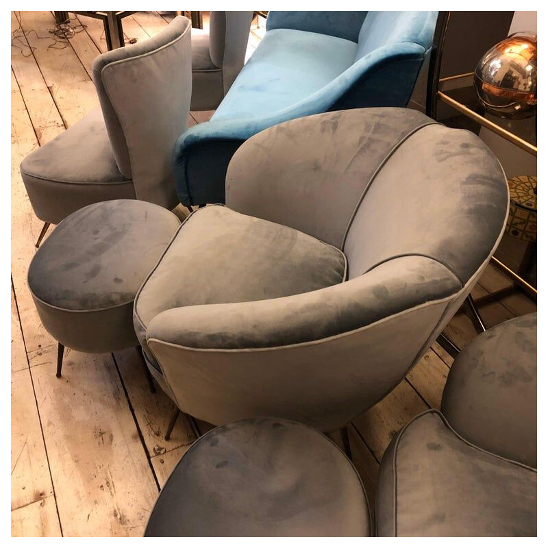 Mid-Century Modern Grey Velvet Sofa, Armchairs, Chairs and Poufs, circa 1950