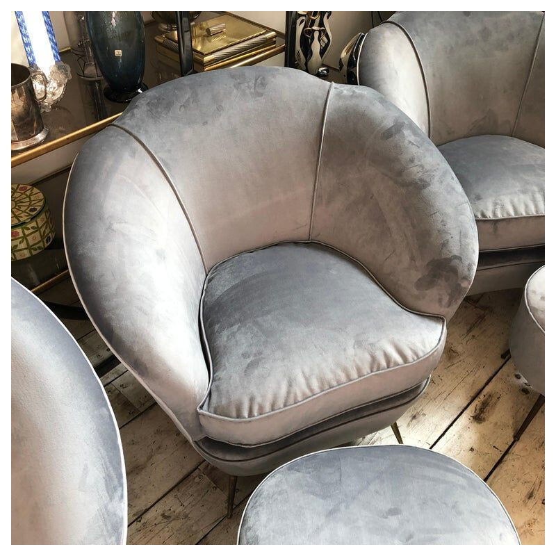 Mid-Century Modern Grey Velvet Sofa, Armchairs, Chairs and Poufs, circa 1950