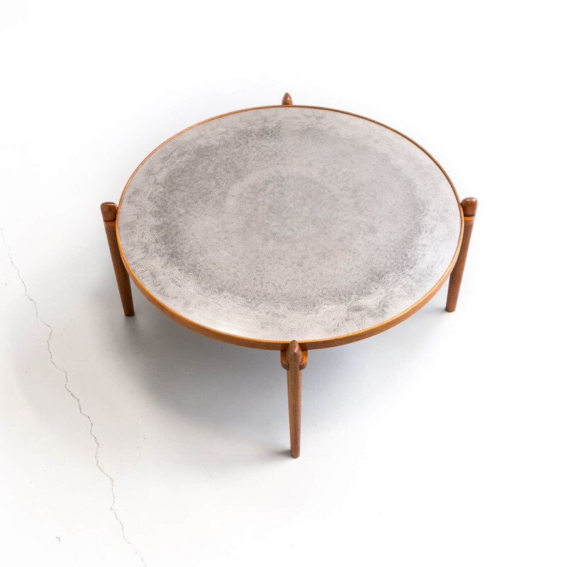 1960s Teak and Etched Metal Coffee Table by Heinz Lilienthal