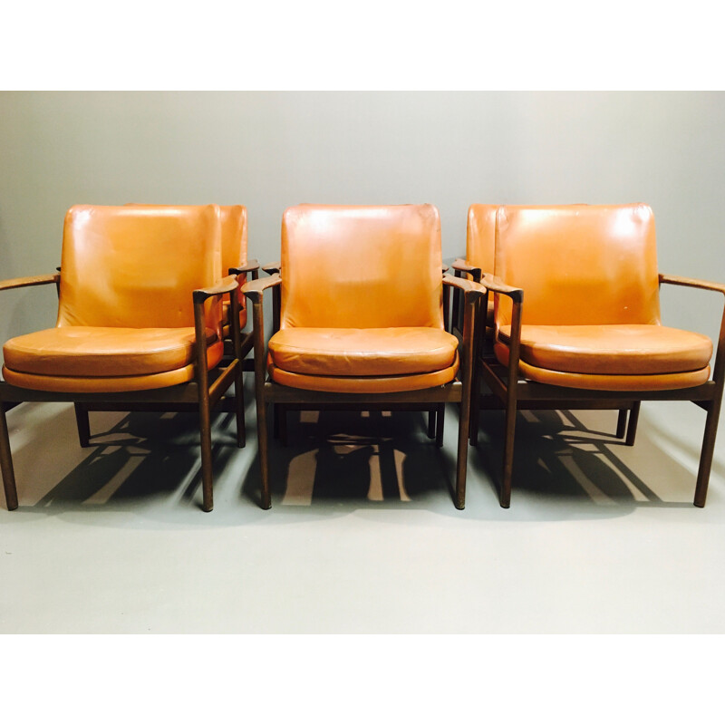 Vintage Set of 6 Scandinavian leather armchairs by Kofod Larsen for Frösher, 1950