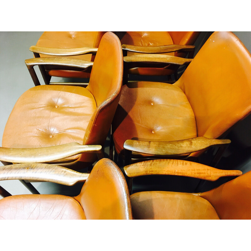 Ensemble de 6 fauteuils vintage scandinave en cuir par Kofod Larsen pour Frösher, 1950