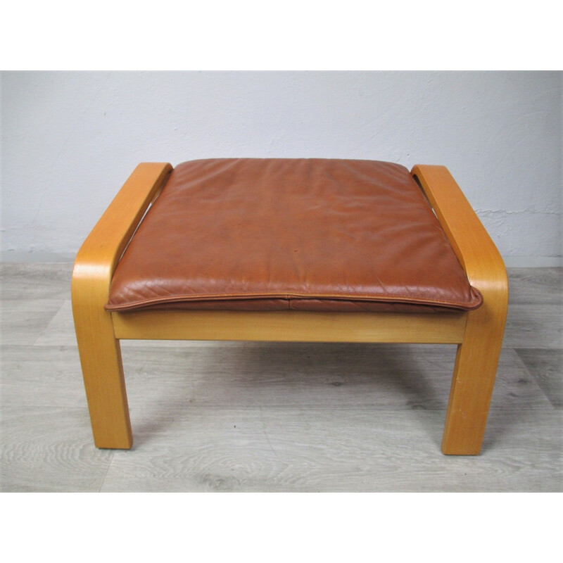 Vintage Pouffe in leather and wood, 1970s