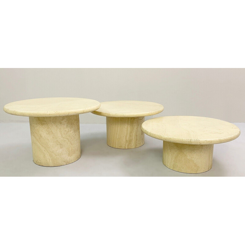 Set of 3 vintage round coffee tables in Travertine, 1970s