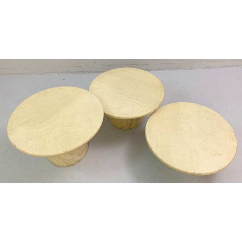 Set of 3 vintage round coffee tables in Travertine, 1970s