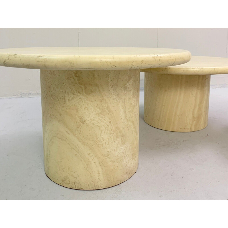 Set of 3 vintage round coffee tables in Travertine, 1970s