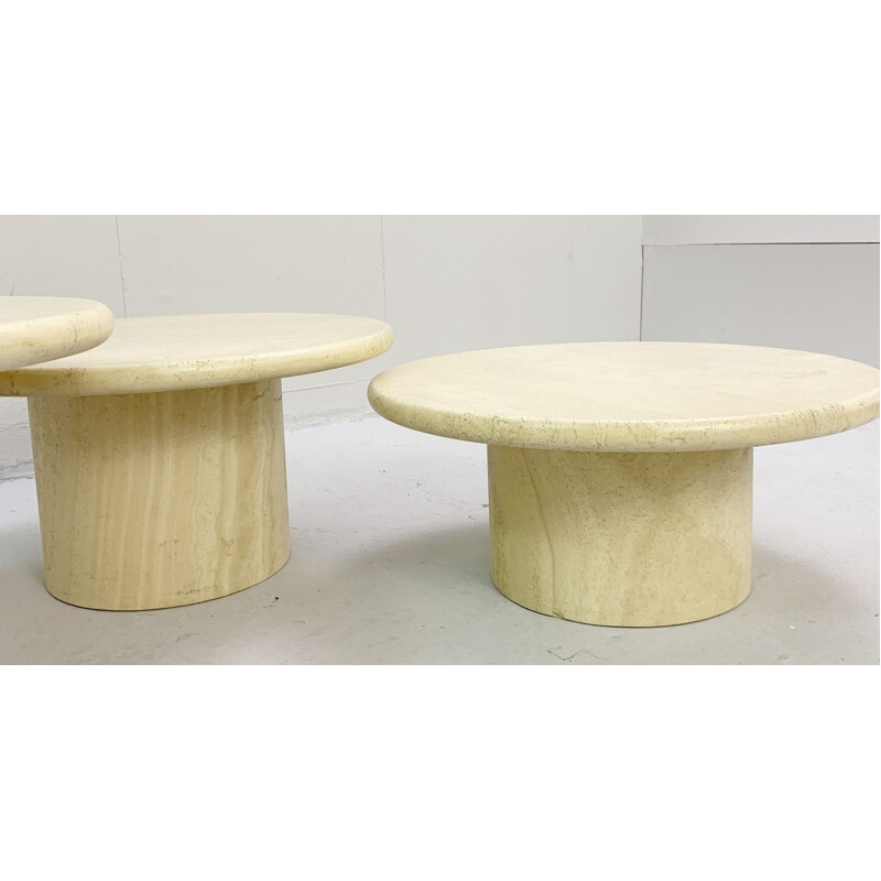 Set of 3 vintage round coffee tables in Travertine, 1970s