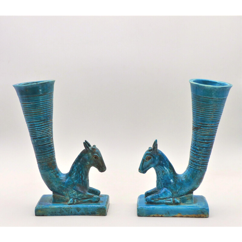 Pair of vintage Rhyton vases with gazelle protomes, 1940-1950