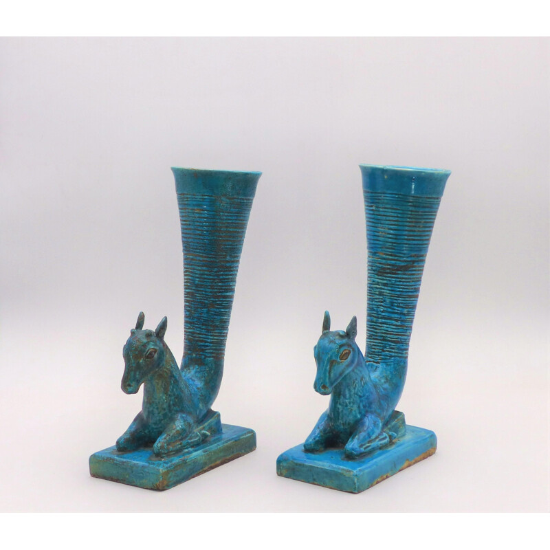 Pair of vintage Rhyton vases with gazelle protomes, 1940-1950