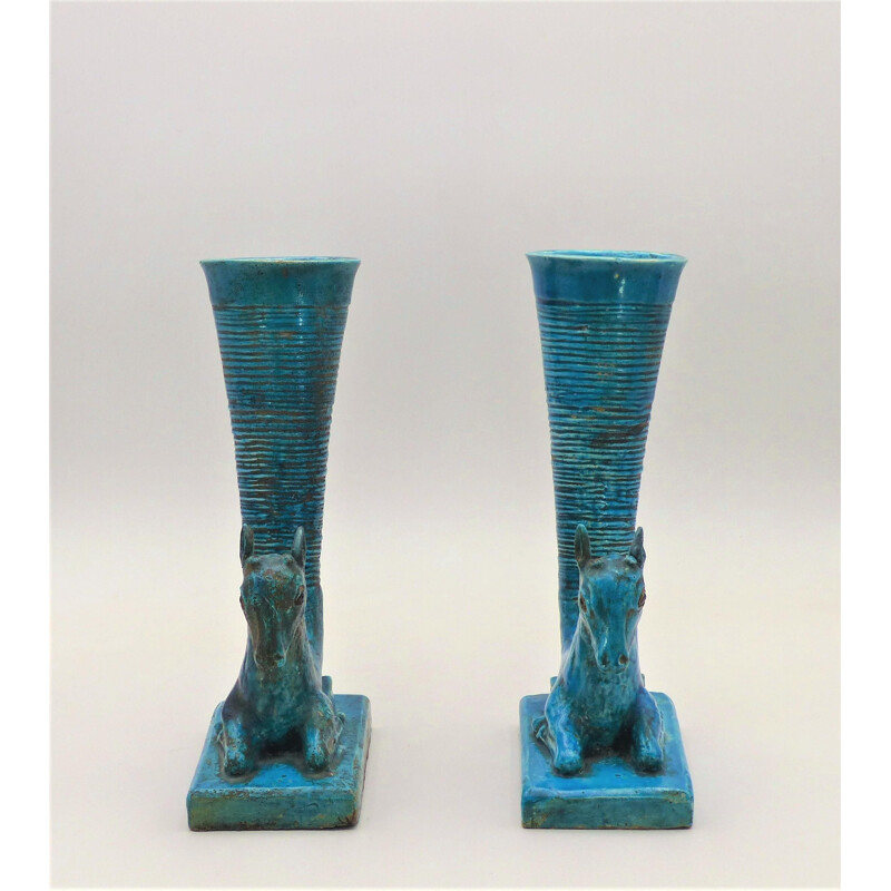 Pair of vintage Rhyton vases with gazelle protomes, 1940-1950