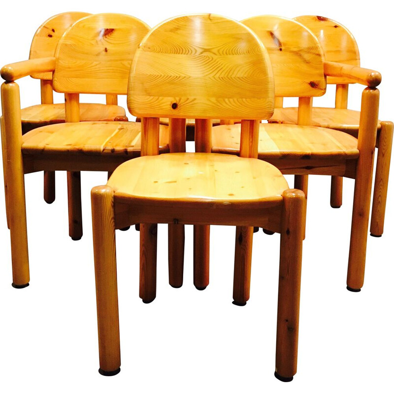 Set of 4 chairs and 2 solid pine armchairs by Rainer Daumiller 1970