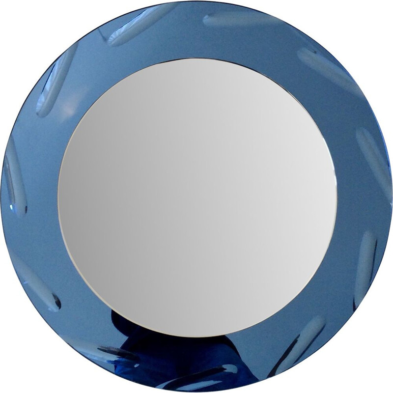 Vintage round cobalt blue round mirror by Cristal Arte, 1960