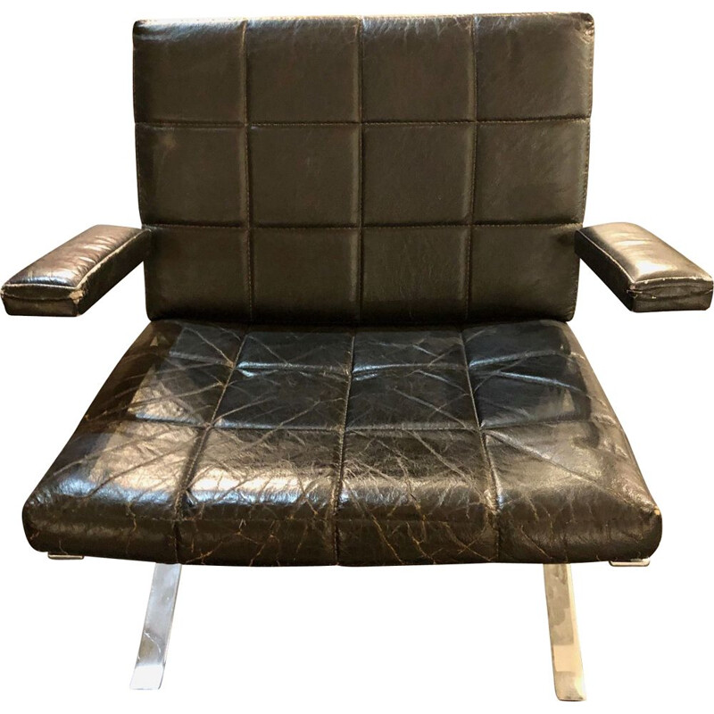 Vintage leather armchair, Joker model, by Olivier Mourgue, 1960
