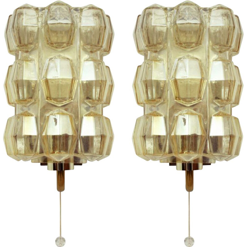Pair of german brass and glass vintage wall lamps by Helena TYNELL for Glashütte Limburg, 1960s