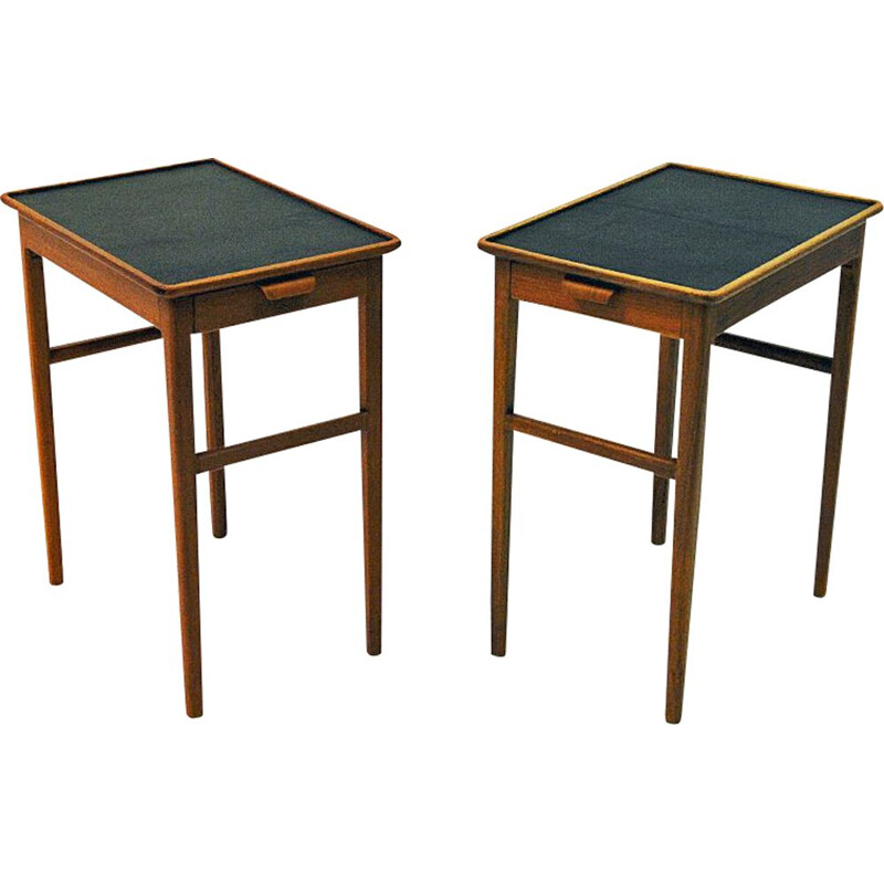 Pair of Birch side tables with leather tops by Bodafors, Sweden 1950s