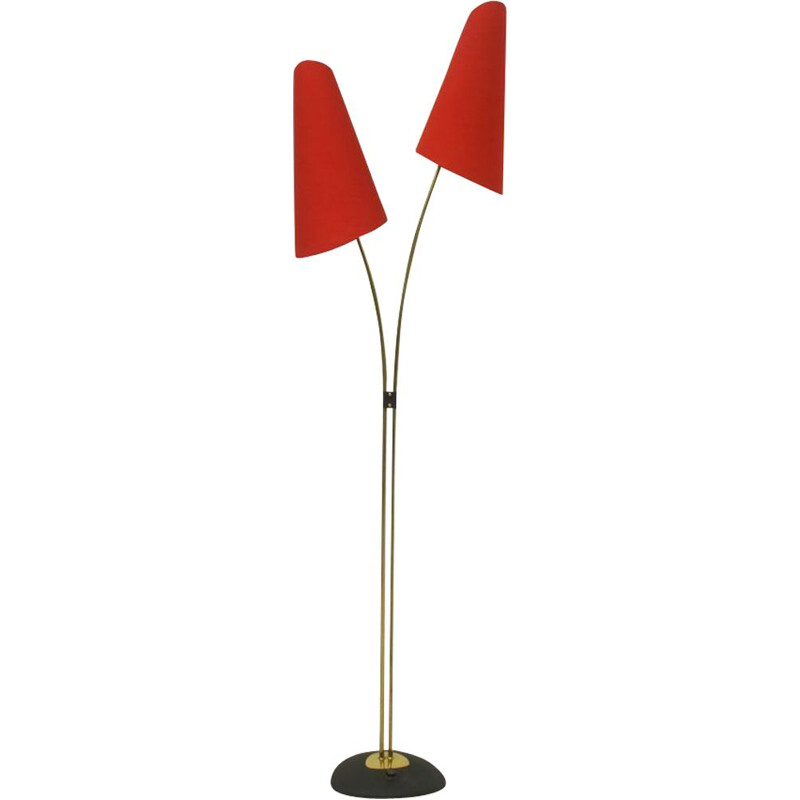 Brass & Red Fabric Floor Lamp - 1950s