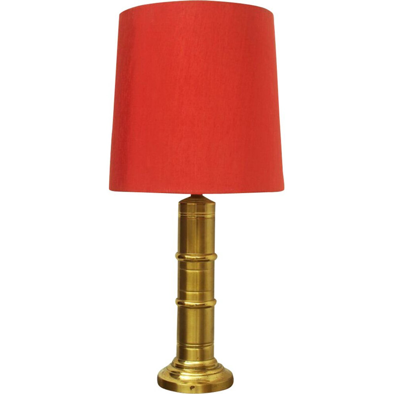 Huge Red Fabric & Brass Table Or Floor Lamp - 1960s