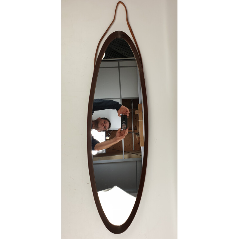 Italian Oval Teak Mirror, 1950s