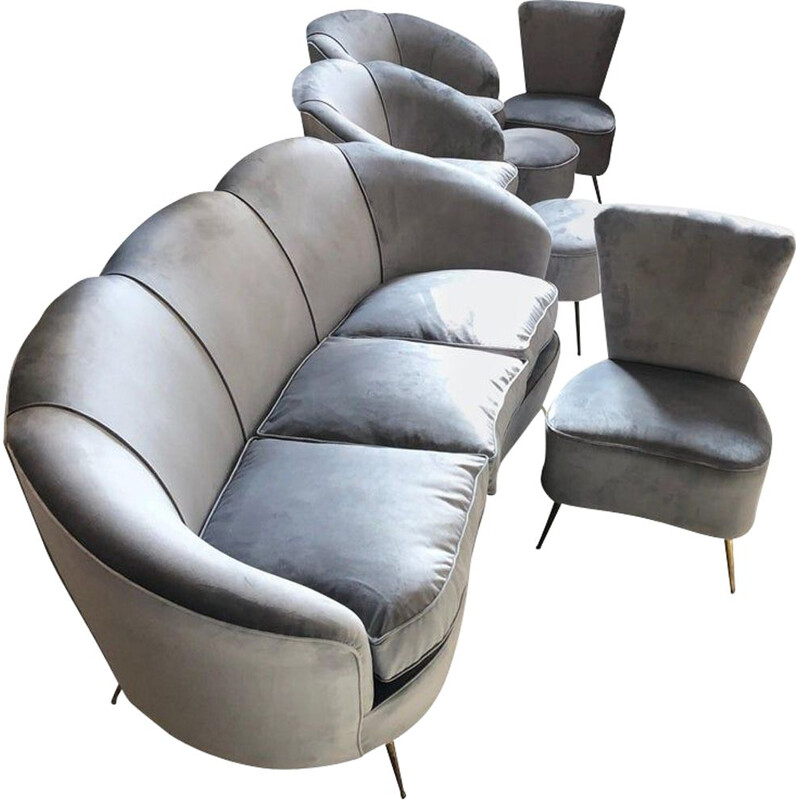 Mid-Century Modern Grey Velvet Sofa, Armchairs, Chairs and Poufs, circa 1950
