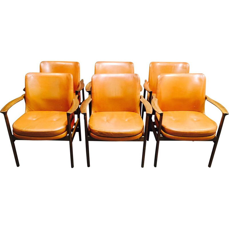 Vintage Set of 6 Scandinavian leather armchairs by Kofod Larsen for Frösher, 1950