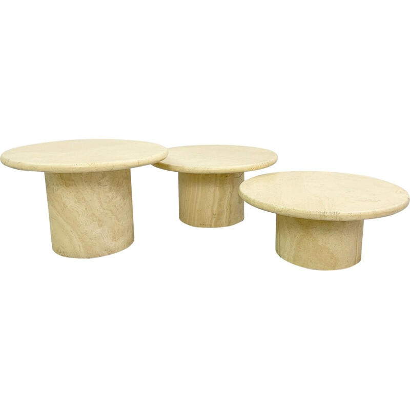 Set of 3 vintage round coffee tables in Travertine, 1970s