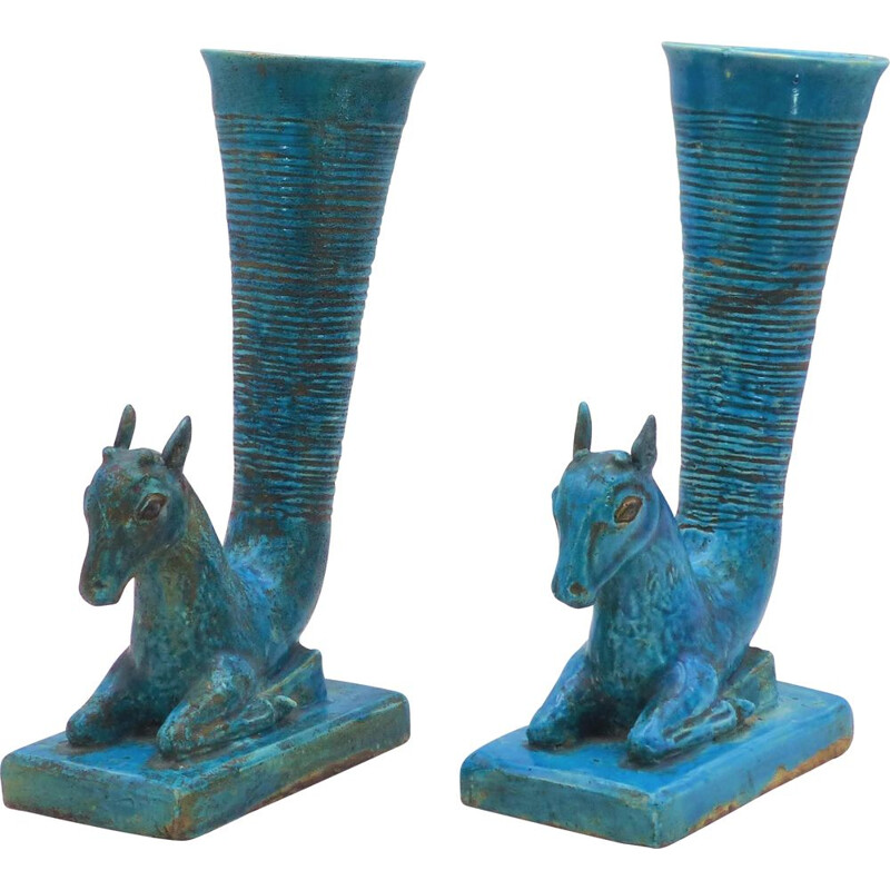 Pair of vintage Rhyton vases with gazelle protomes, 1940-1950