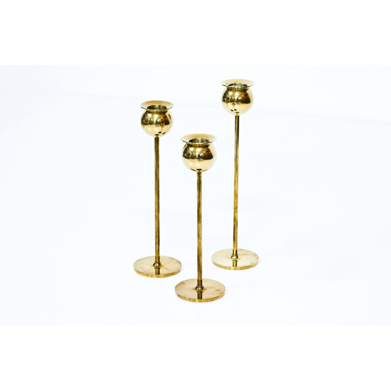 Set of 3 "Tulip" brass vintage candlesticks by Pierre Forssell, 1970s