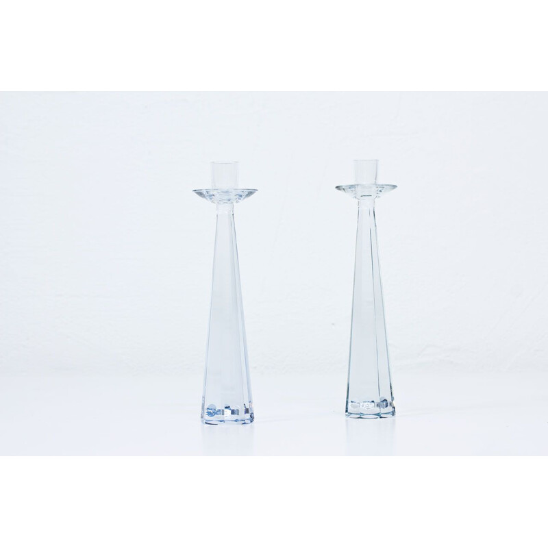 Pair of swedish glass vintage candlesticks by Strömbergshyttan, 1960s