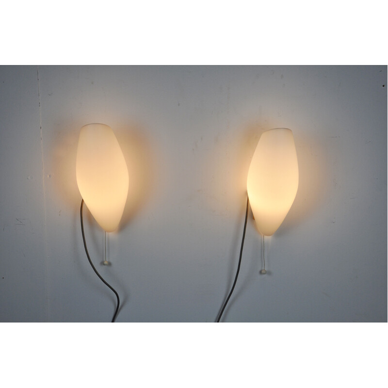 2 Vintage opal glass wall lamps, Netherlands, 1950s