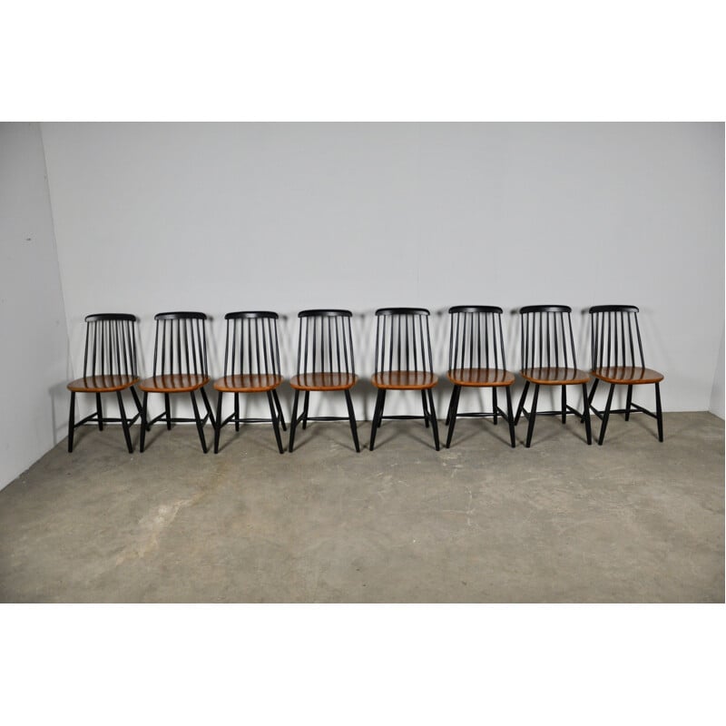 Set of 8 Swedish chairs with vintage slatted backrest from Nesto, 1960