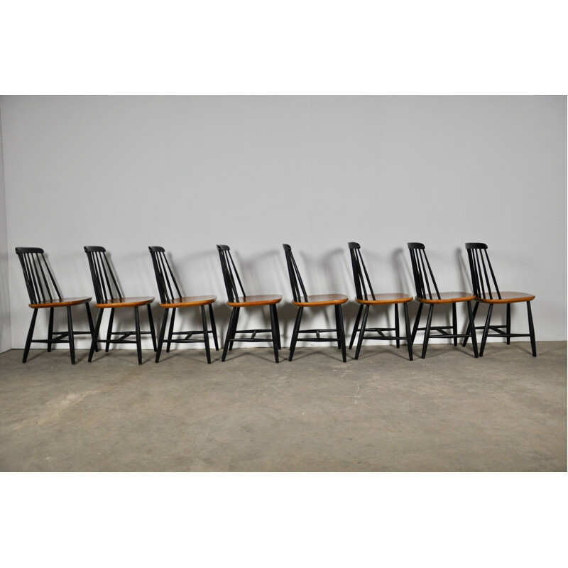 Set of 8 Swedish chairs with vintage slatted backrest from Nesto, 1960